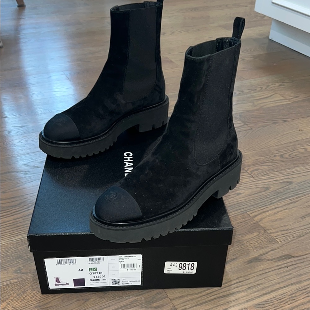 Authentic Chanel Black Suede Ankle Boots 22K season calfskin and grosgrain.